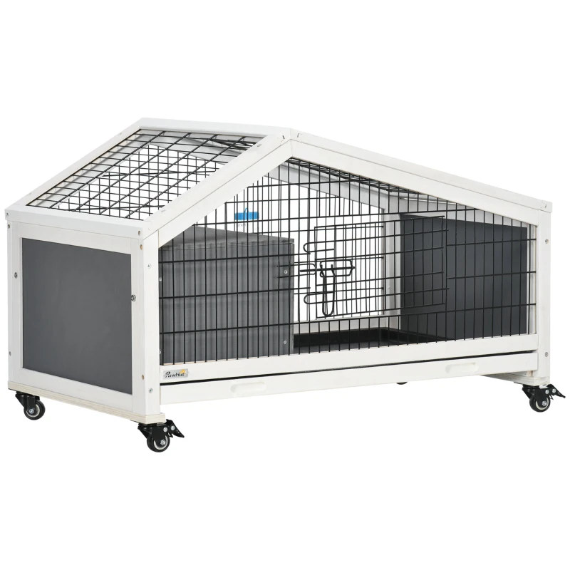 PawHut 35" Wooden Rabbit Hutch with No-leak Tray, Pet Playpen with Wheels, Water Bottle, Bunny House for Rabbits and Small Animals, Dark Gray