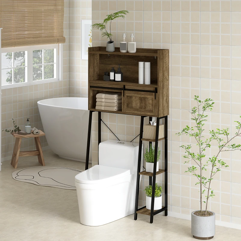HOMCOM Over the Toilet Storage Cabinet, Over Toilet Bathroom Organizer with 3 Compartments, 4 Open Shelves, Distressed Brown