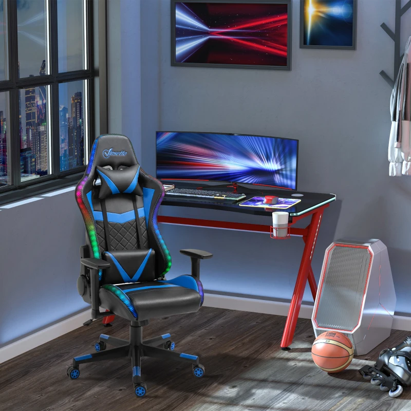 Vinsetto Racing Gaming Chair with RGB LED Lights, Adjustable Height, Gamer Office Chair, Computer Desk Chair, Black/Blue