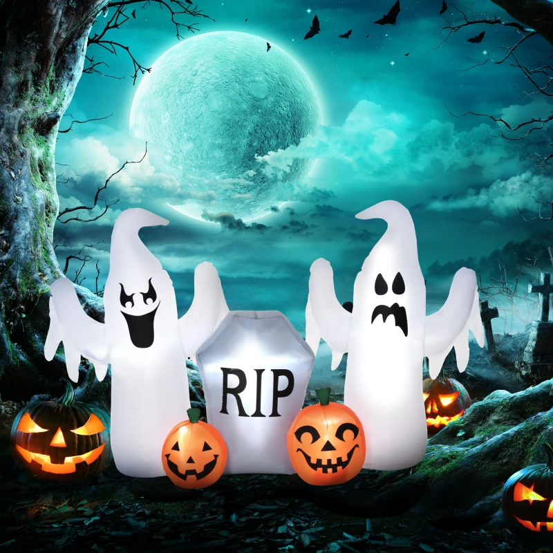HOMCOM 6' Long Inflatable Halloween Ghost & Pumpkin Tombstone, Inflatable LED Light Yard Display Indoor Outdoor for Garden, Lawn, Party, Holiday
