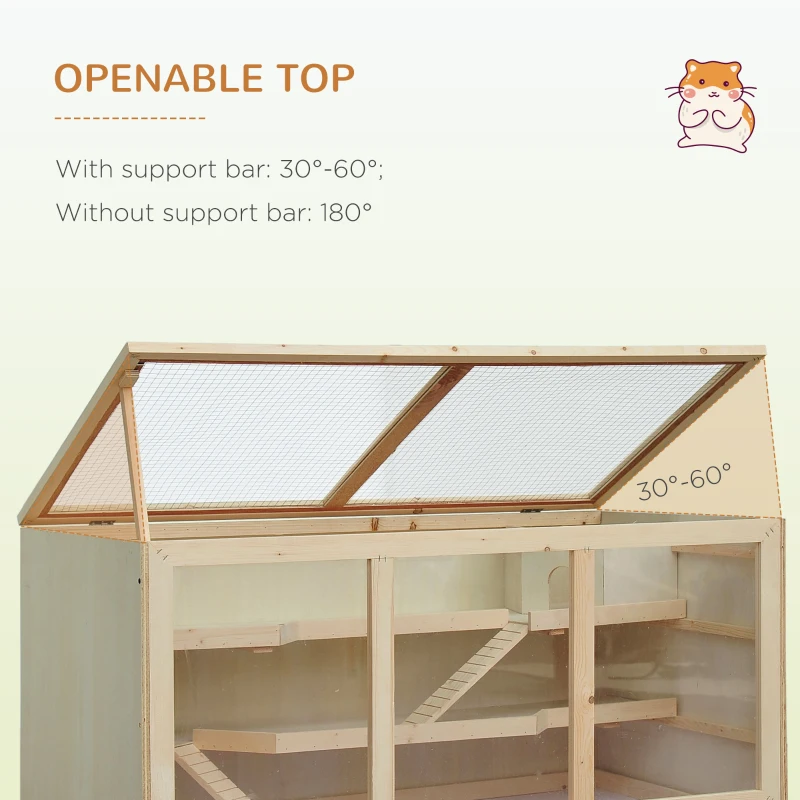 PawHut 45" Extra Large Wooden Hamster Cage, 3-Layer Rat Cage with Opening Roof, PVC Window, Small Animal Habitat for Gerbil, Dwarf & Syrian Hamsters, Natural