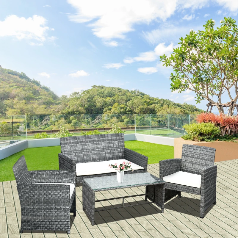 Outsunny 4pcs Outdoor Patio Furniture Set, 2 Plastic Rattan Chairs, 1 PE Wicker Loveseat Sofa, 1 Center Coffee Table with Tempered Glass Table-Top, Soft Cushions for Backyard, Garden, Grey
