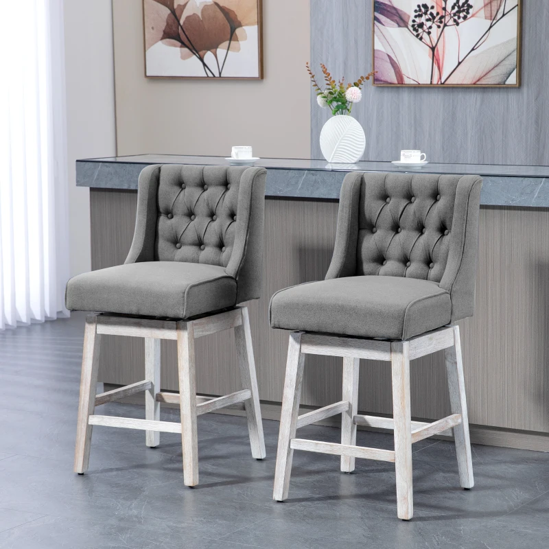 HOMCOM Swivel Bar Stools Set of 2, 27" Counter Height Stools with Linen Upholstery and Button Tufted Design for Kitchen