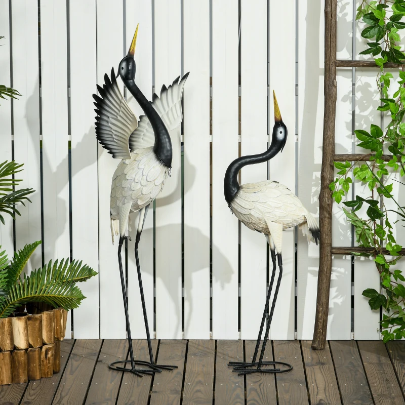Outsunny Set of 2 Garden Sculptures, Heron Garden Statues for Lawn, Patio, Backyard Decoration, 35.5" & 40.5", White & Black