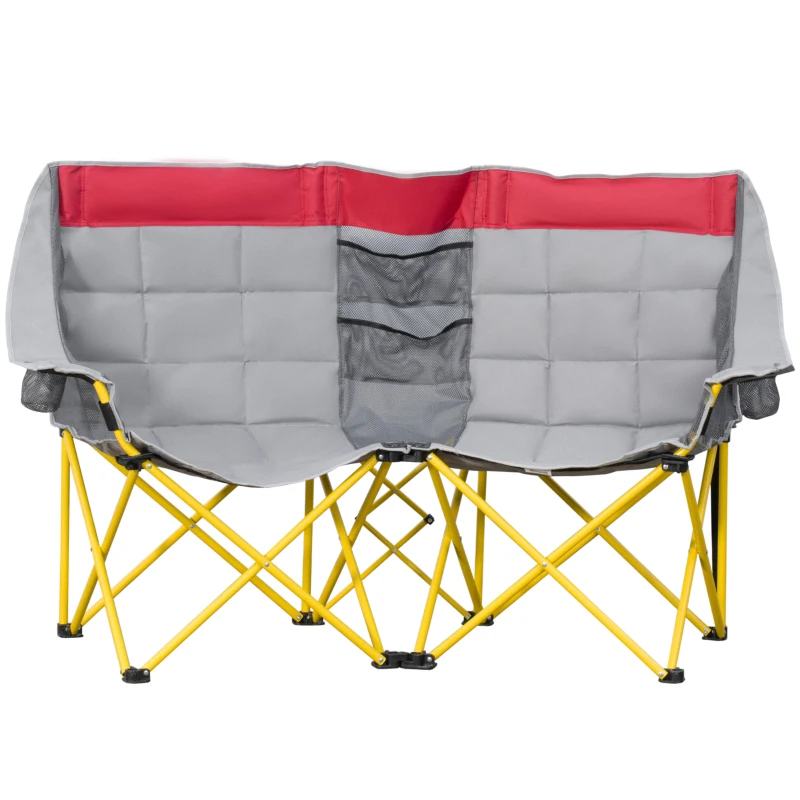 Outsunny 62" W Double Seat Camping Chair Folding Lawn Loveseat w/ Storage Pocket & Cup Holder Compact in a Bag for Outdoor, Beach, Picnic, Hiking, Travel, Red