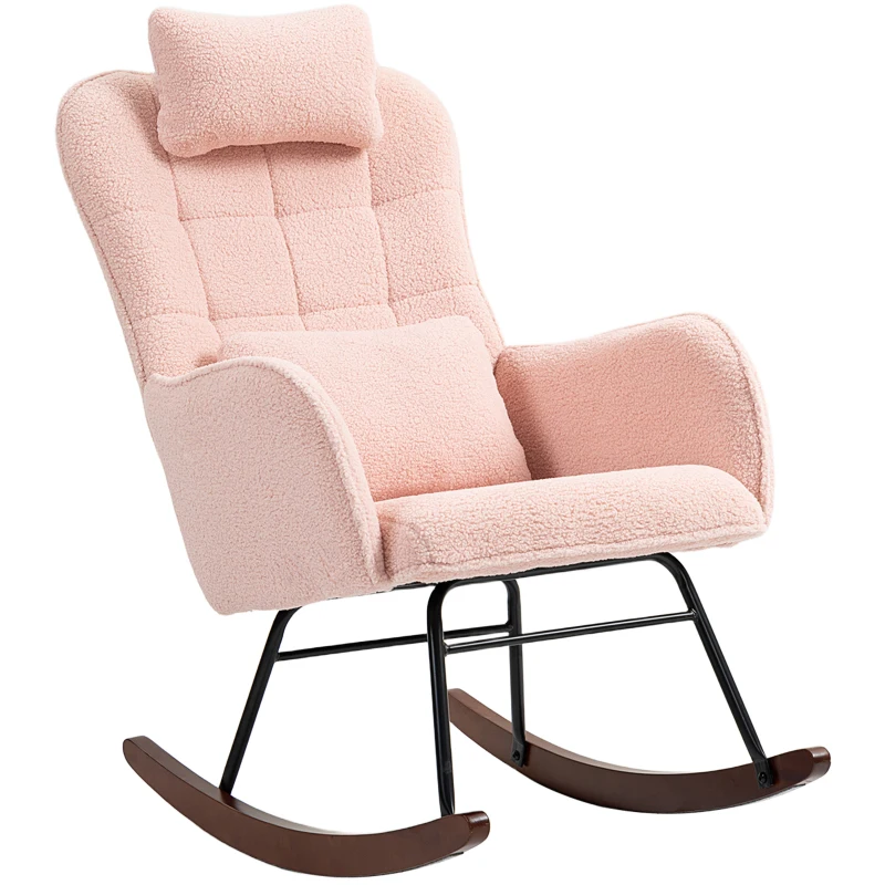 HOMCOM Nursery Rocking Chair with Headrest, Lumber Pillow, Nursing Chair with High Back for Living Room, Bedroom, Pink