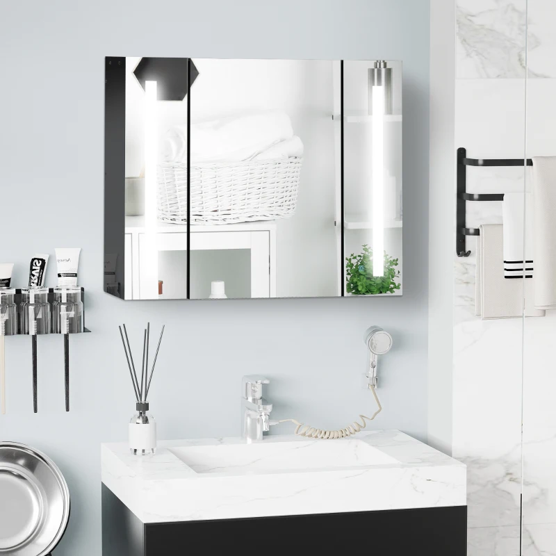 kleankin Medicine Cabinet with Mirror, Wall Mounted Bathroom Mirror Cabinet with Adjustable Shelf, USB Charge, High Gloss Black