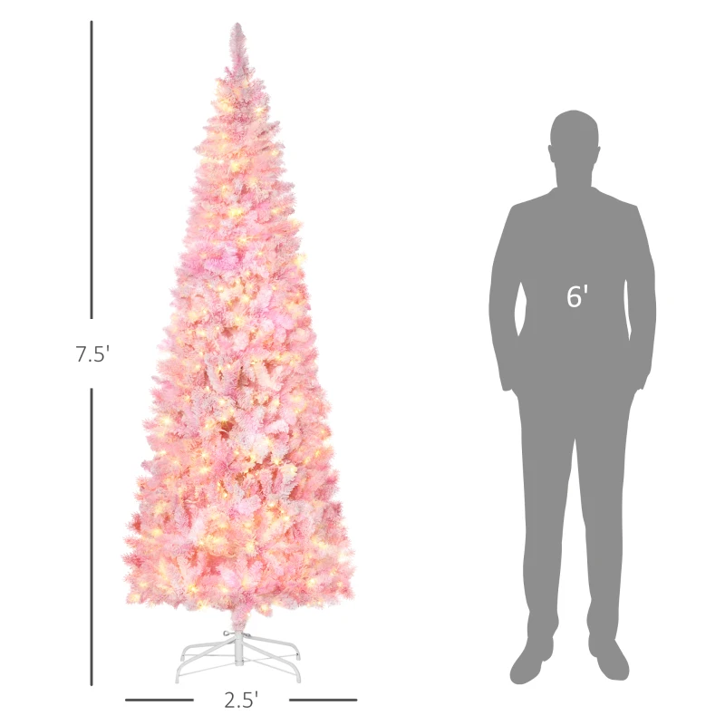 HOMCOM 7.5ft Prelit Snow Flocked Artificial Christmas Tree with Pencil Shape, Pine Realistic Branches, Warm White LED lights, Auto Open, Pink and White