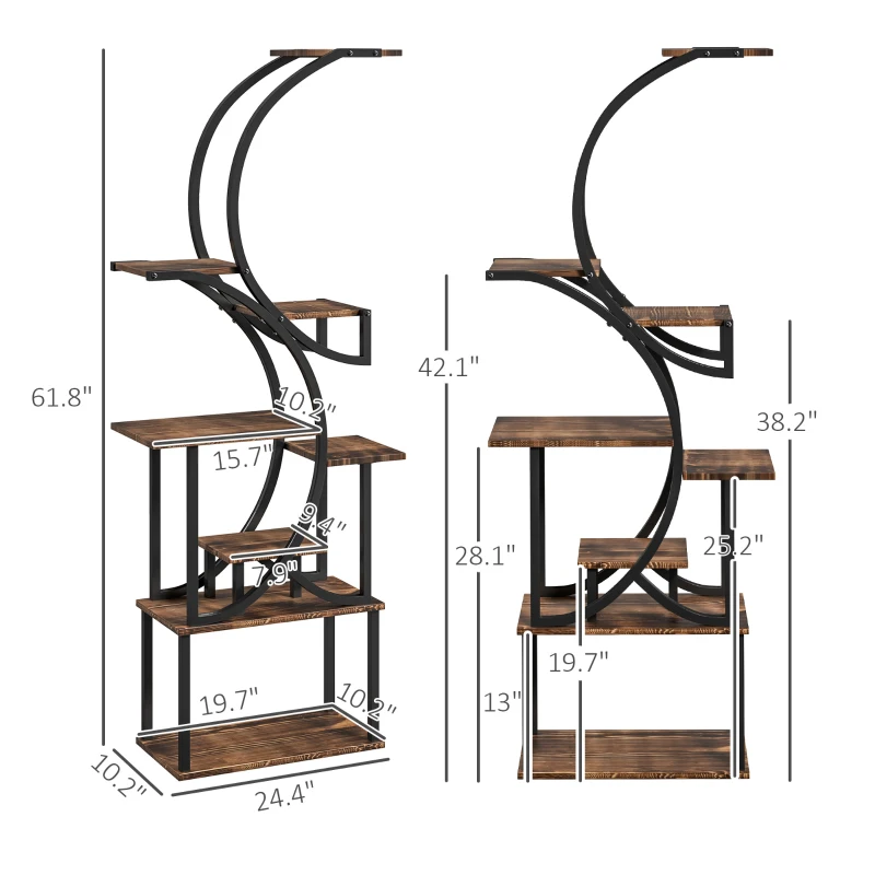 Outsunny Plant Stand Indoor, 8 Tier 62" S-Shaped Plant Shelf, Corner Plant Rack for Multiple Plants, Carbonised Finish