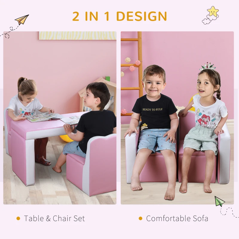 Qaba Kids Sofa Set 2-in-1 Multi-Functional Toddler Table Chair Set 2 Seat Couch Storage Box Soft Sturdy Pink