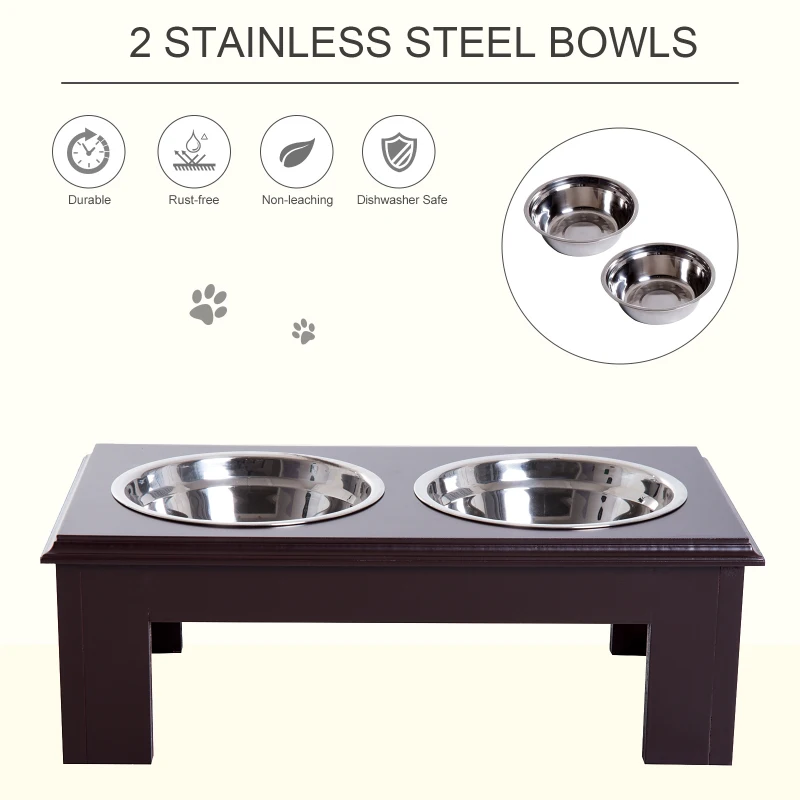 PawHut 6" Height Small Puppy Dog Feeding Station for Messy Pets, Stainless Steel Elevated Dog Bowls with Modern Wooden Frame, Dog Food Stand Pet Feeding Station, Dark Brown