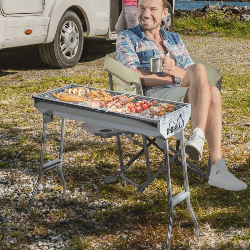 Outsunny 28.75" Portable Folding Stainless Steel Charcoal BBQ Grill for Outdoor Camping Backyard Cook, Silver