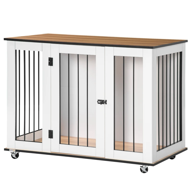 PawHut Dog Crate, Dog Cage End Table with Wheels & Big Tabletop, Indoor Dog Crate Furniture with Lockable Door, White