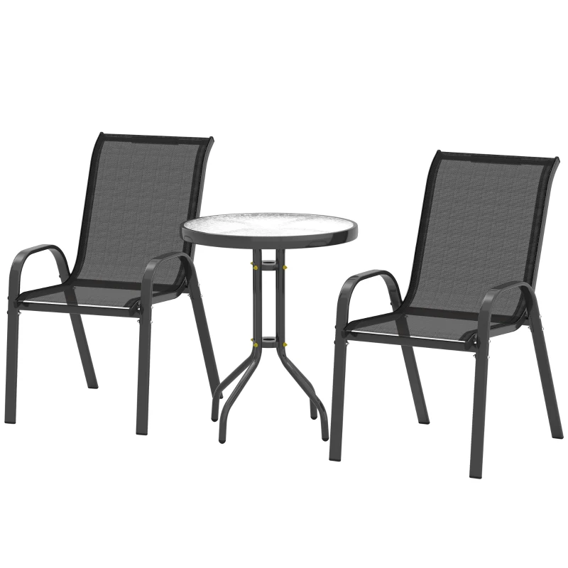 Outsunny 3 Pieces Bistro Set, Small Patio Furniture Set with Stackable Mesh Chairs, Glass Table for Garden, Balcony, Black