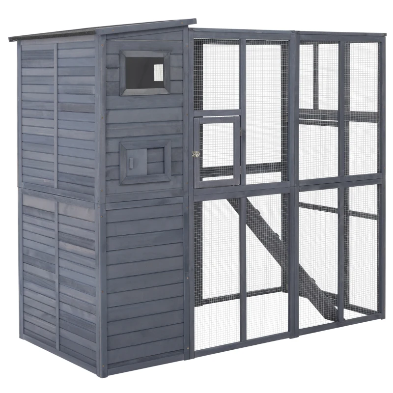 PawHut Wooden Outdoor Catio with Platforms, Asphalt Roof, Ramps, Gray