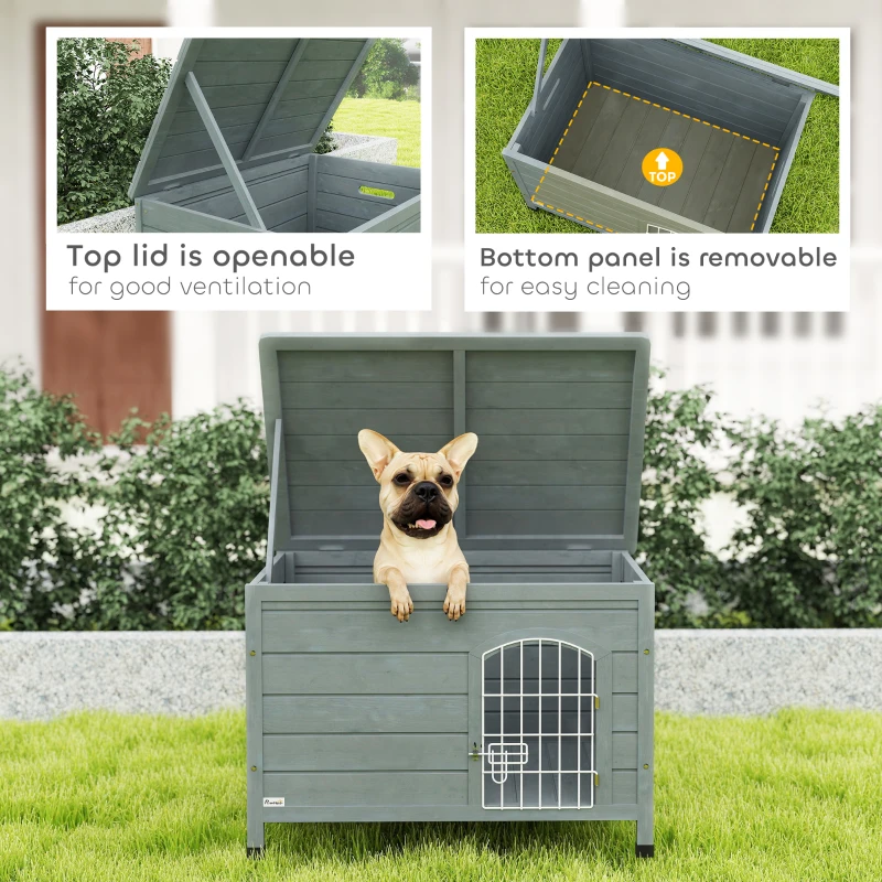 PawHut 31.5"L Wooden Decorative Dog Cage Kennel Wire Door with Lock, Openable Top Removable Bottom, Dark Gray
