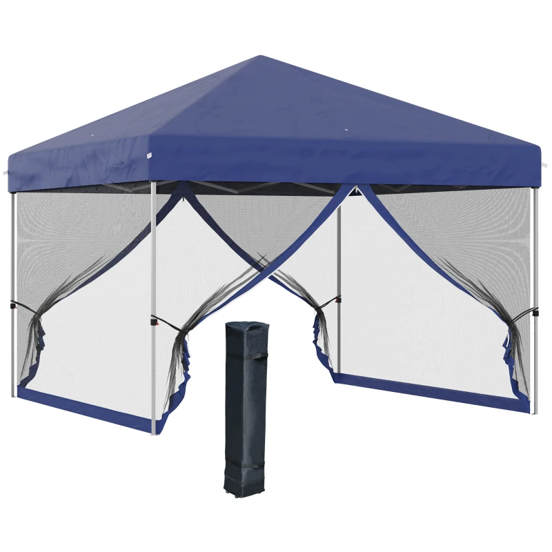 Outsunny 10' x 10' Pop-Up Party Tent Outdoor Canopy Tent with Mesh Sidewalls, 3-Level Adjustable Height, Roller Bag, Blue