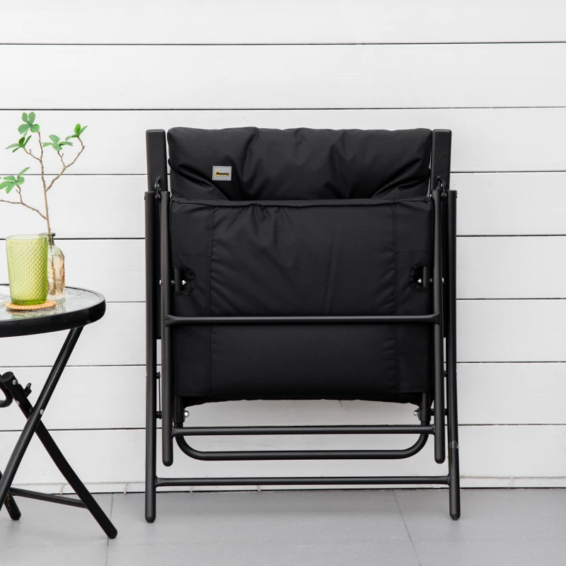 Outsunny Foldable Lounge Chair, Fabric Upholstered Recliner, Outdoor Lounger with Armrest, Metal Frame for Backyard, Black