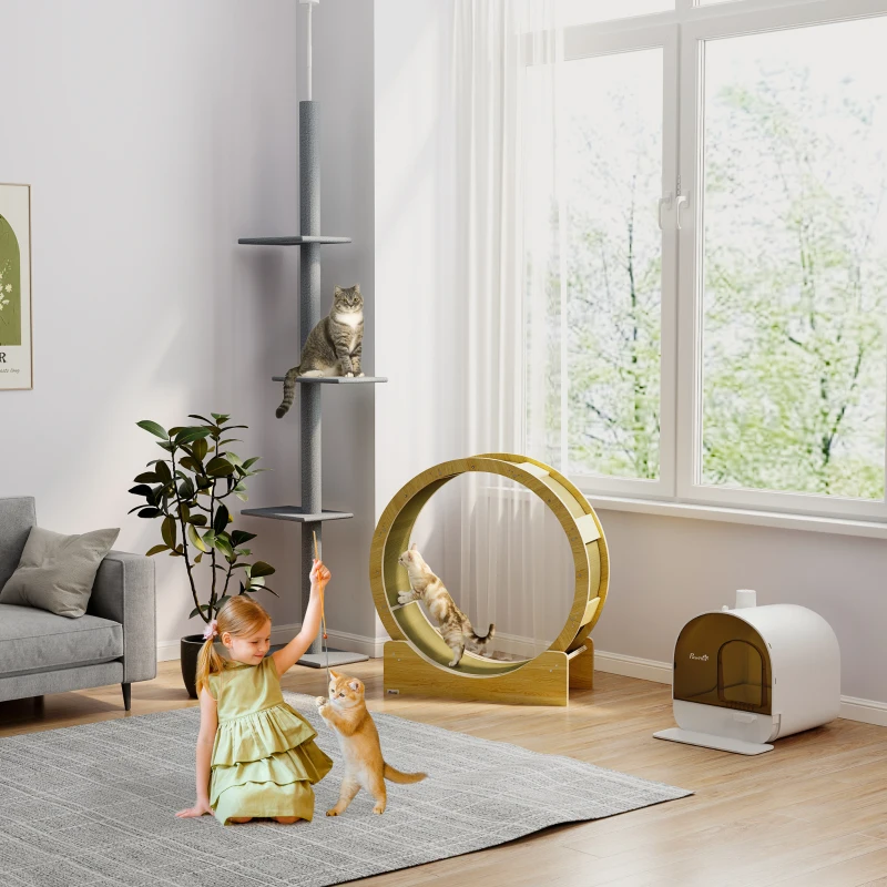 PawHut Floor-to-Ceiling Cat Tree Cat Climbing Tower with Sisal-Covered Scratching Posts Natural Cat Tree Activity Center for kittens Cat tower furniture, Grey