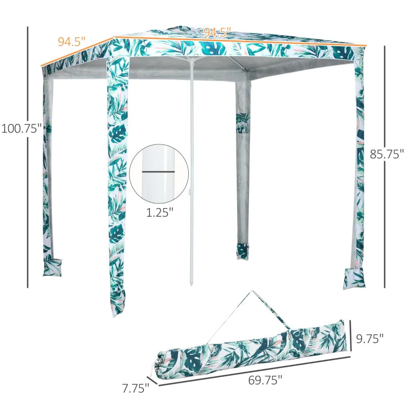 Outsunny Quick Beach Cabana Canopy Umbrella, 8' Easy-Assembly Sun-Shade Shelter with Sandbags and Carry Bag, Cool UV50+ Fits Kids & Family, Green Coconut Palm
