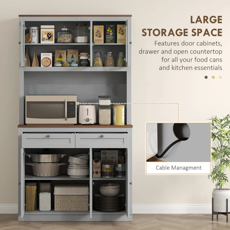 HOMCOM 71" Kitchen Pantry Cabinet with Microwave Stand, Kitchen Hutch with 2 Drawers and Adjustable Shelves, Gray