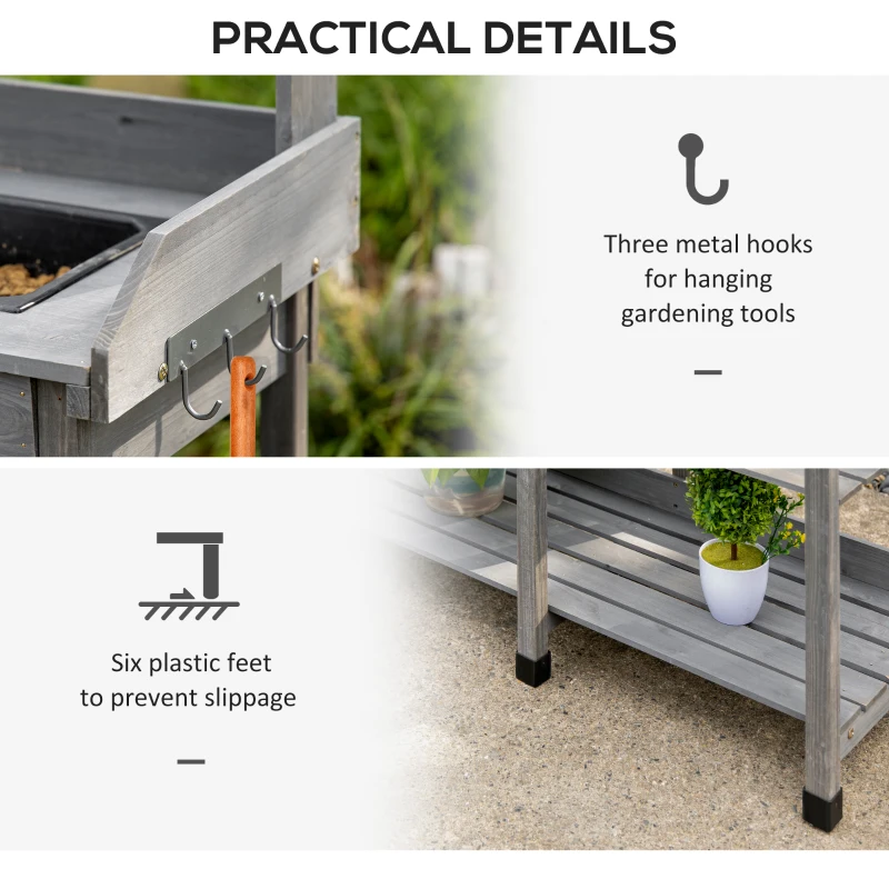 Outsunny Potting Bench Table Garden Work Bench Workstation with Drawer, Removable Sink, Storage Shelves and Hooks for Patio, Courtyards, Balcony