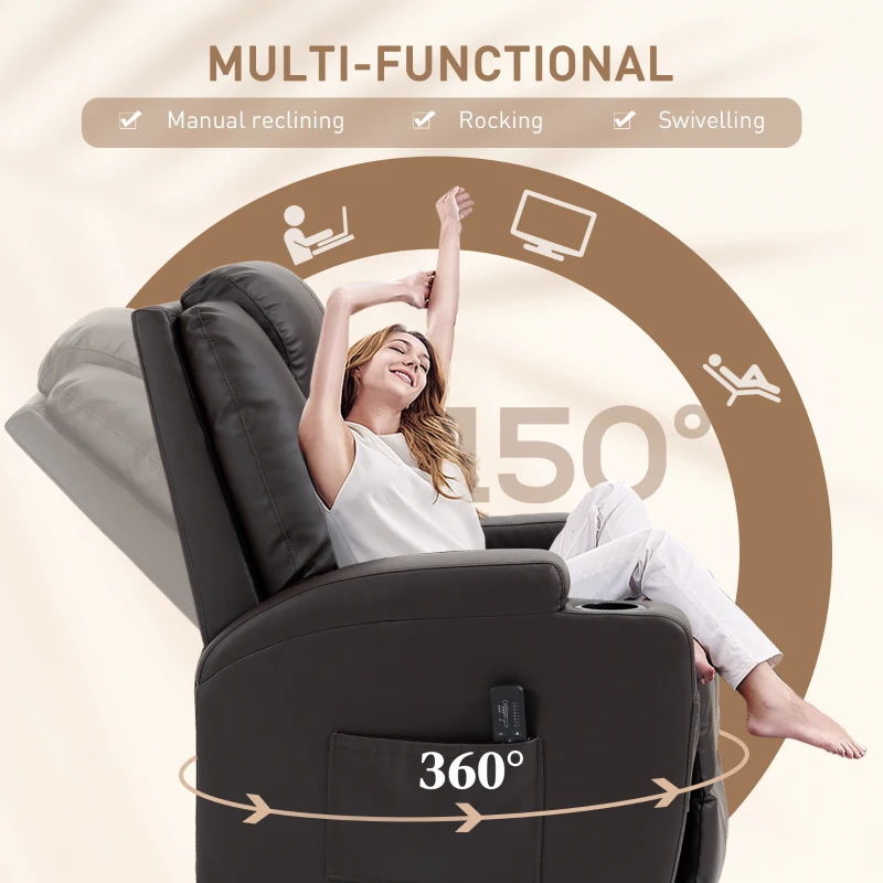HOMCOM Massage Recliner Chair, Swivel Nursery Rocker Chair, Manual Reclining Sofa with 8 Vibration Points, PU Leather, Cup Holders, Side Pockets, for Living Room, Brown