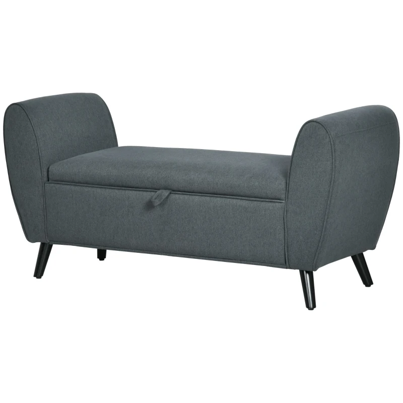 HOMCOM Modern Upholstered Storage Bench with Arms, Linen-Feel Fabric Ottoman Bench for Bedroom Entryway Living Room, Dark Gray