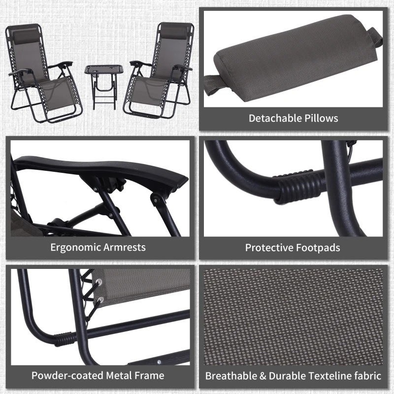 Outsunny Zero Gravity Chair Set of 2 Patio Chair with Side Table Cupholders and Pillows for Pool, Backyard, Lawn, Beach, Grey