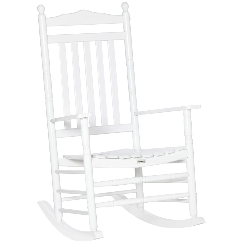 Outsunny Wooden Outdoor Rocking Chair, Patio Rocking Chair with Slatted High Back and Armrests for Porch, Garden, Lawn, White