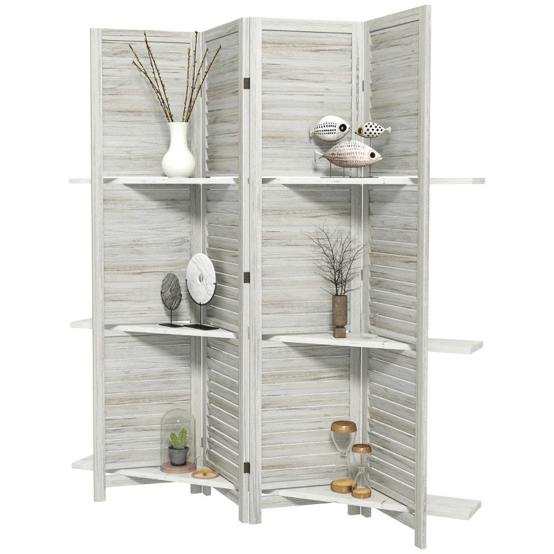 HOMCOM 4-Panel Wall Partition Room Separator with 3 Storage Shelves Foldable Design Wooden Frame 5.6FT Distressed White
