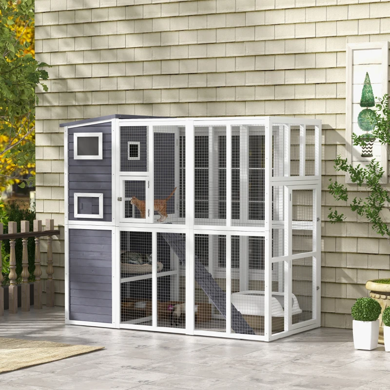 PawHut Wooden Outdoor Catio with Platforms, Asphalt Roof, Ramps, Light Gray
