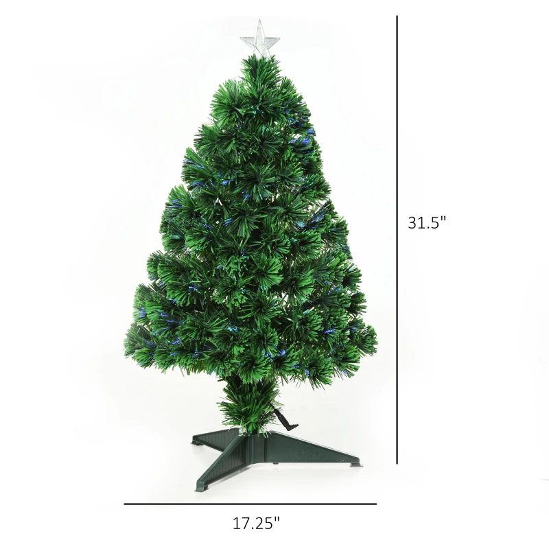 HOMCOM 2.5ft Tall Pre-Lit Douglas Fir Tabletop Artificial Christmas Tree with Realistic Branches, Fiber Optic LED Lights and 85 Tips, Green