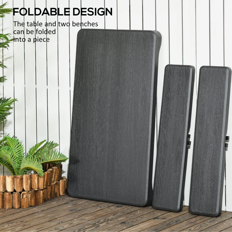 Outsunny Folding Picnic Table with 2 Benches, 3-Piece Portable Outdoor Picnic Table Bench Set for 4, Patio Dining Table Set with Plastic Top, Steel Frame for Garden, Dark Grey