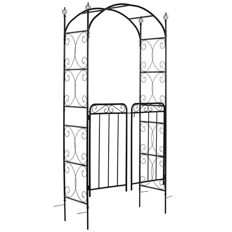 Outsunny 84" Garden Arch Arbor with Gate, Metal Arch Trellis, Garden Archway for Climbing Vines, Wedding Ceremony Decoration, Flourishes & Arrow Tips, Black