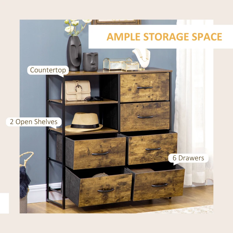 HOMCOM Living Room Storage Cabinet, Industrial Accent Cabinet with 6 Fabric Bins, 2 Open Shelves for Living Room, Rustic Brown