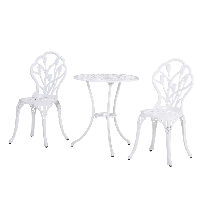 Outsunny 3 Pieces Patio Bistro Set, Outdoor Cast Aluminum Garden Table and Chairs with Umbrella Hole for Balcony, White