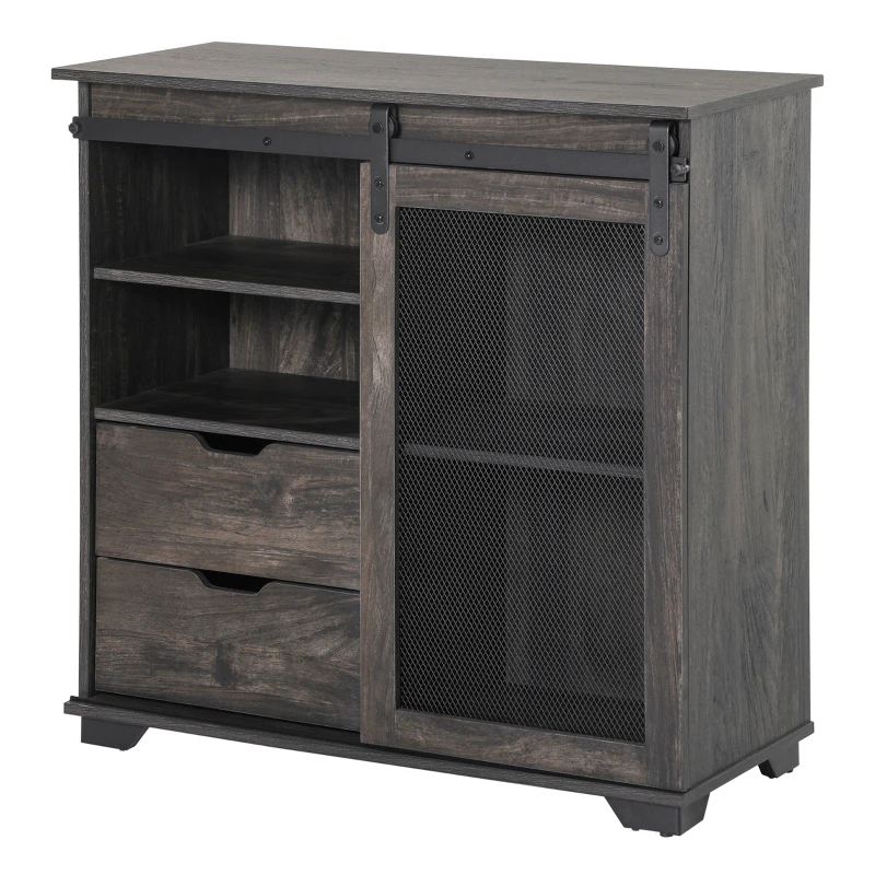 HOMCOM Industrial Sideboard Buffet Cabinet, Kitchen Cabinet, Coffee Bar Cabinet with 2 Drawers, 2 Open Shelves and Metal Mesh Sliding Door, Dark Brown