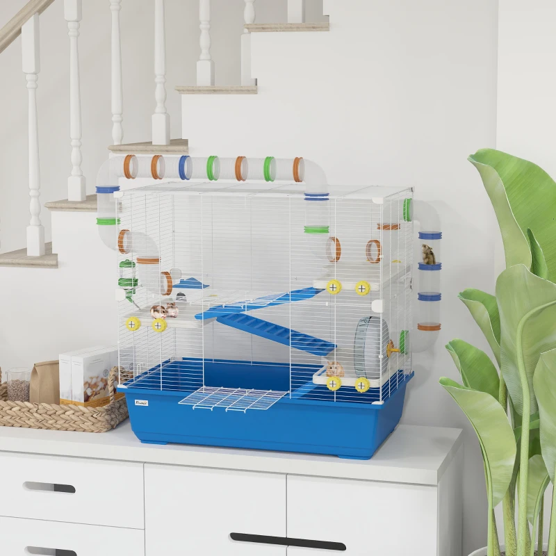 PawHut 4 Tier Hamster Cage with Tunnel Tube System, Hut, Exercise Wheel, Water Bottle, Food Dish, for Syrian, Gerbil, Blue