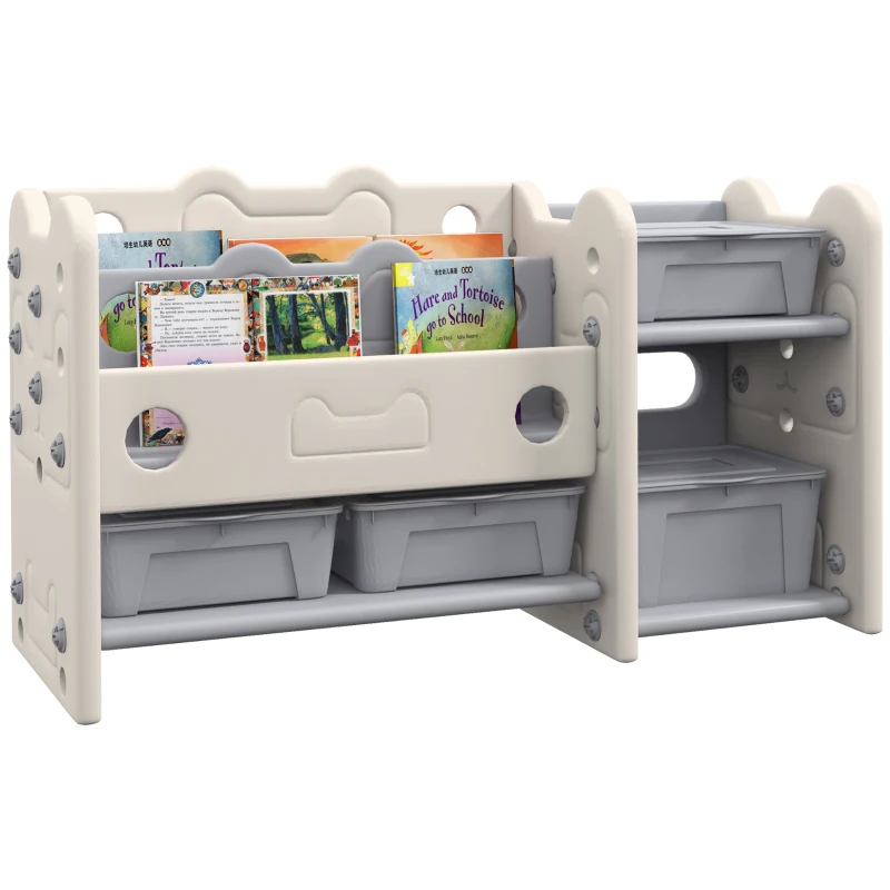 Qaba 2 Tier Kids Toy Storage Organizer with 4 Storage Boxes, Bookshelves, for Kids Room, Nursery, Playroom, Cream White