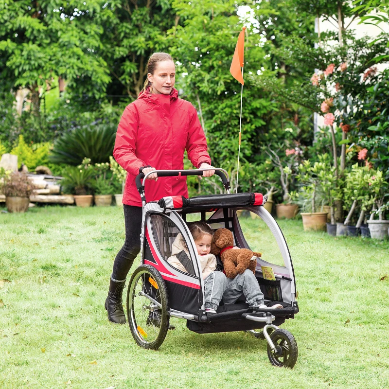 Aosom 2 Seat Bike Trailer for Kids 2-in-1 Double Baby Jogging Stroller with Handbrake, Rubber Wheels, 5 Point Harness, Waterproof Cover, Storage Bag, Reflectors, Red