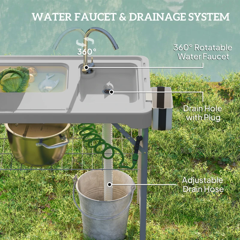 Outsunny Folding Fish Cleaning Table with Sinks, Portable Camping Sink Table with Faucet, Drainage Hose, Sprayer, Shelf, Drawer and Storage Basket, Outdoor Fillet Table for Picnic Beach Patio, Gray