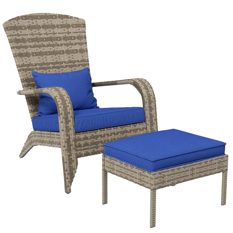 Outsunny Wicker Adirondack Chair Fire Pit Chair w/ Ottoman & Cushions, Blue