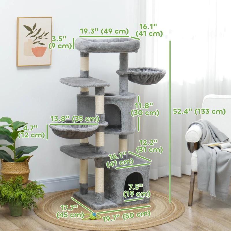 PawHut 52.5" Cat Tree Tower with Scratching Posts, Cat Condos, Bed, Platforms, Hammocks, for Indoor Cats, Grey