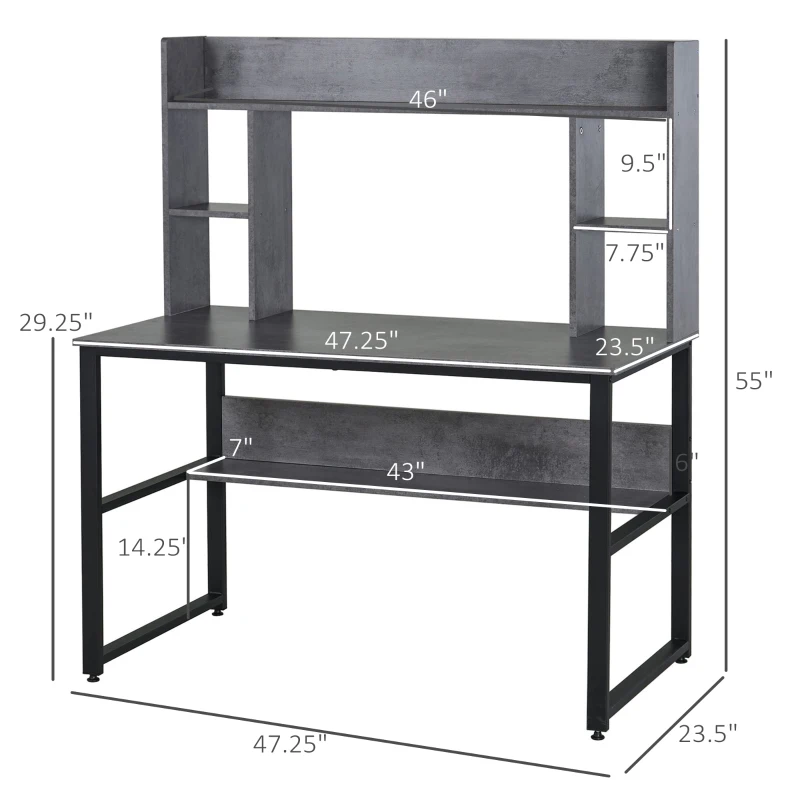 HOMCOM Office Computer Desk Writing Table Workstation with Storage Shelves, Decorative Hutches, & Strong Build, Grey