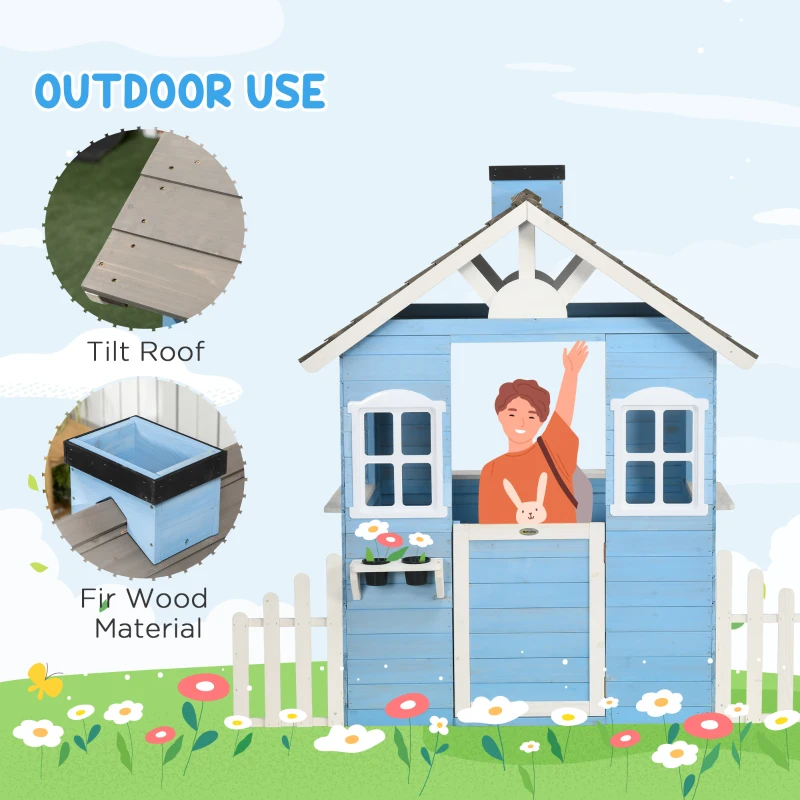 Outsunny Wooden Playhouse for Kids Outdoor with Flower Pot Holders, Door, Windows, Service Stations for 3-7 Years, Blue