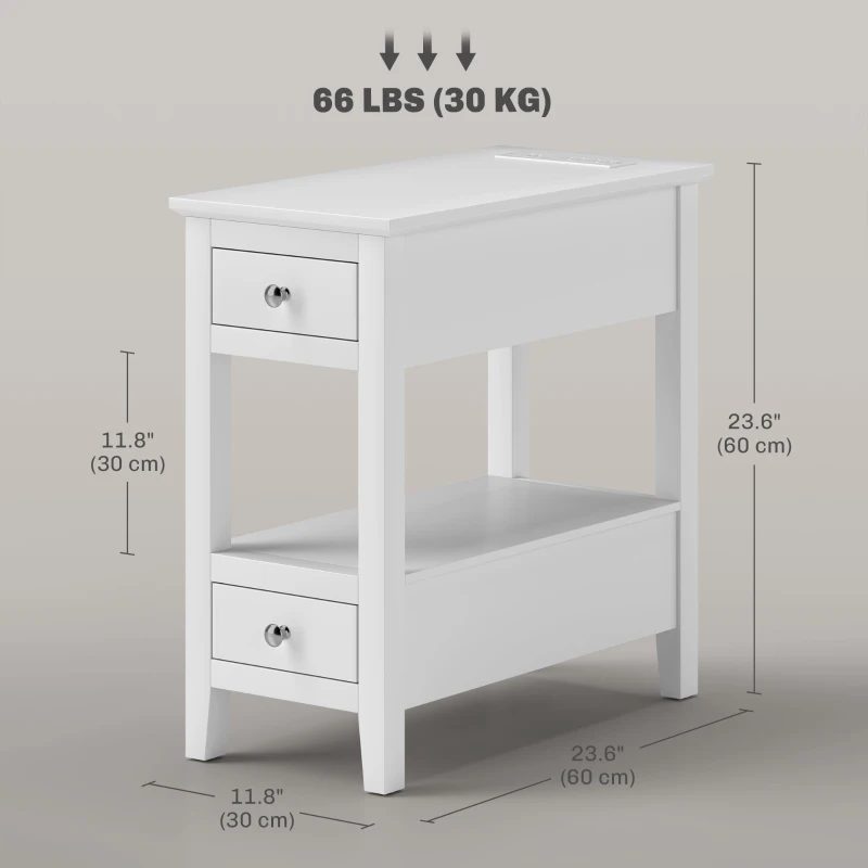 HOMCOM Narrow Side Table with Charging Station, USB Ports, Modern End Table with Storage Shelf, Drawers for Living Room, White