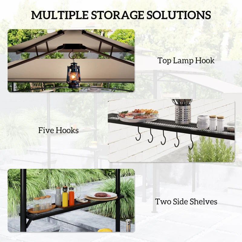 Outsunny 8' x 5' Grill Gazebo, Double Tiered Barbecue Grill Gazebo Shelter with Side Awning, 2 Side Shelves, 6 Hooks, Khaki