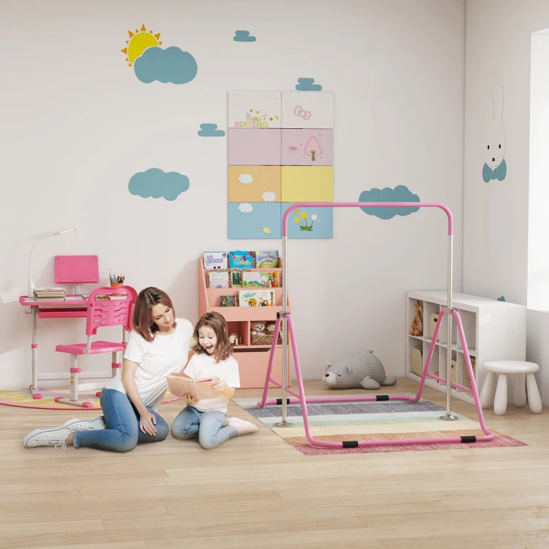 Qaba Folding Gymnastics Bar for Kids, Adjustable Height, Bubble Gum Pink