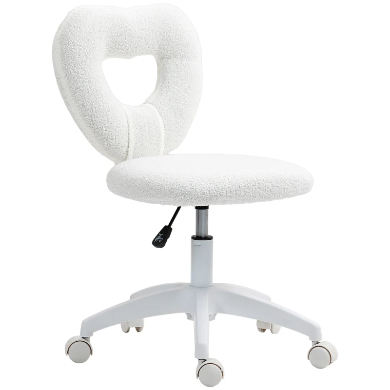 HOMCOM Armless Computer Desk Chair, Office Task Chair, Teddy Fleece Heart Makeup Vanity Chair with Swivel Wheels, White